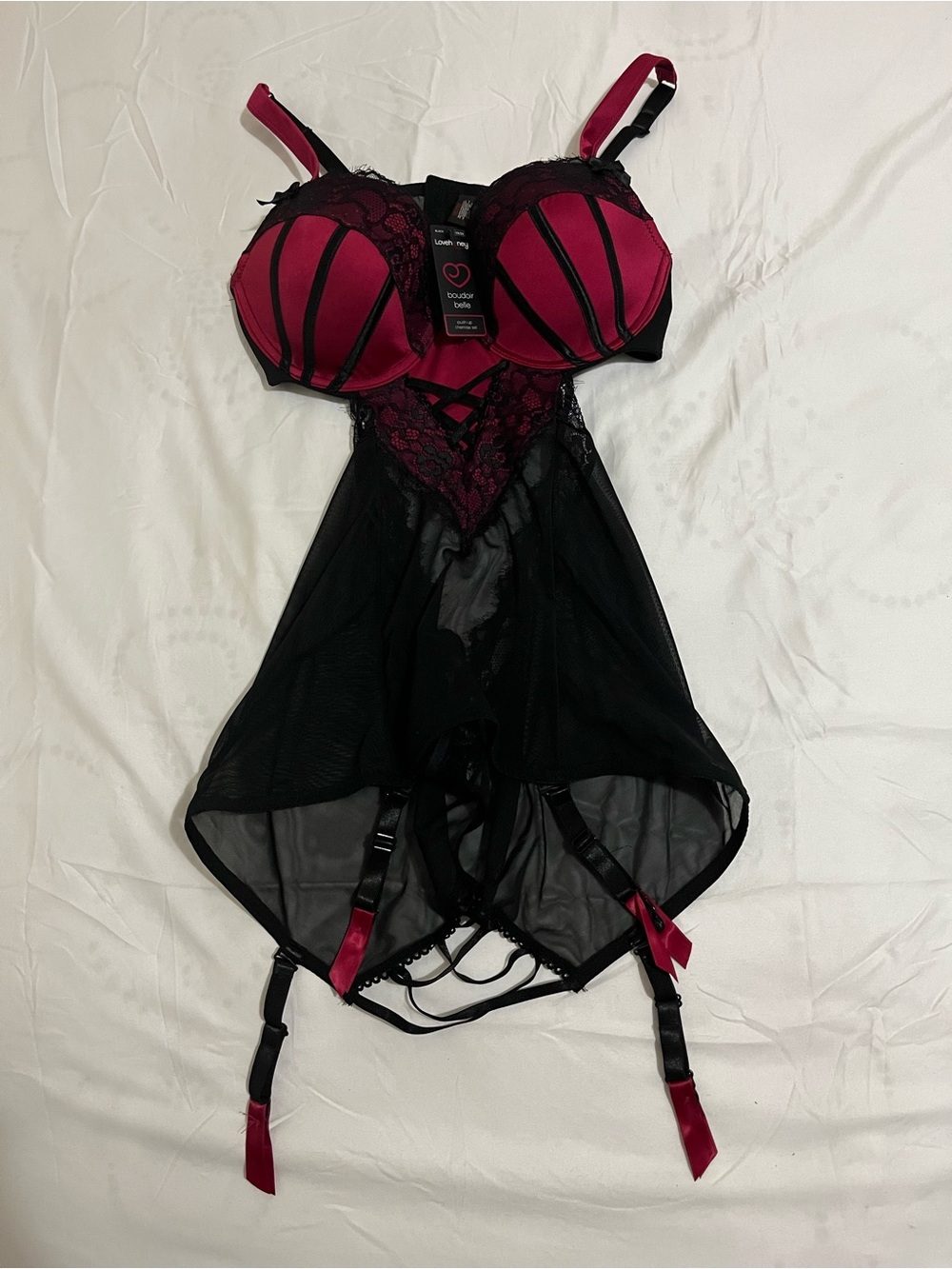 Love honey Black & Berry Lace Bustier Chemise with Garter Straps Size 1X/2X NWT